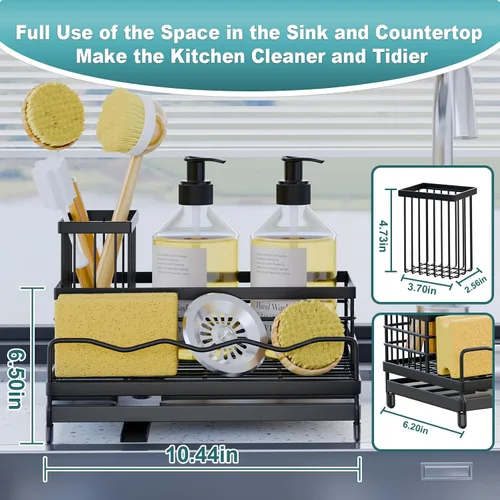 Miniatura 2 de Soporte de esponja para cocina, organizador de fregadero con soporte alto para cepillos y bandeja de drenaje rápido, boquilla giratoria de 360°