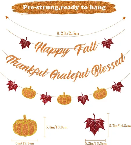 Miniatura 2 de Tinbax Decoración de otoño para el hogar, decoración de Acción de Gracias, pancarta con texto en inglés «Happy Fall and Blessed Grateful Thankful»