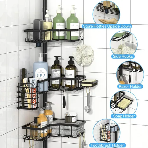 Miniatura 4 de DTUQYX Barra de tensión de esquina para regadera, estante organizador de baño ajustable de 43.5 a 120 pulgadas, estante de almacenamiento para baño