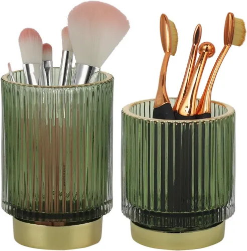 Juego de 2 tazas de cristal para brochas de maquillaje, organizadores decorativos para cosméticos y lápices, contenedores verdes vintage para