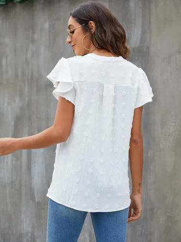 Miniatura 4 de Blooming Jelly Blusa blanca para mujer cuello en V manga con volantes camisas fluidas elegantes casuales lindas camisetas de verano
