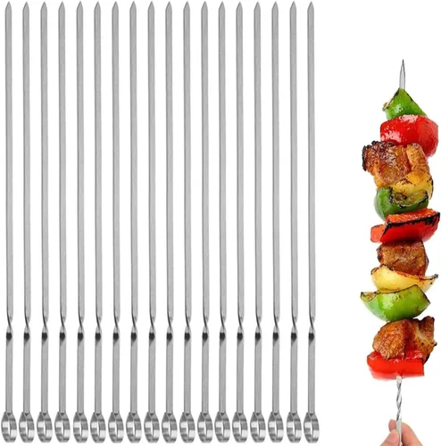 Miniatura 10 de Juego de 12 brochetas de metal plano para barbacoa de 14 pulgadas de largo, de acero inoxidable, para carne, camarones, pollo, verduras, 12