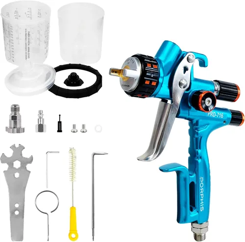 HVLP - Pistola de pulverización de reacabado automotriz PRD-716 de 0.051 in, pistola de pintura con boquilla, azul