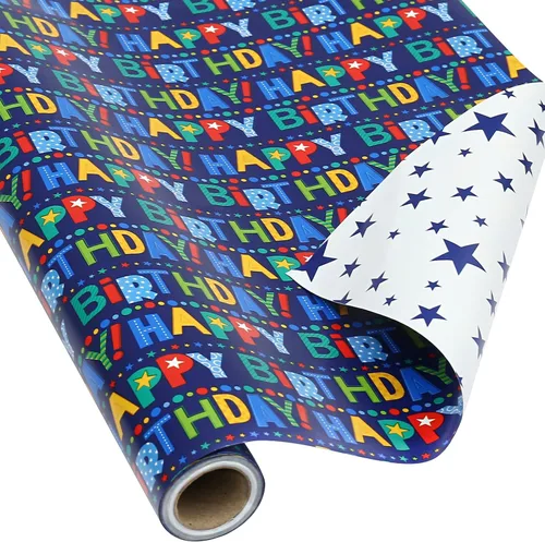 AUCLAY Papel de regalo reversible de cumpleaños para niños, niñas, adultos, baby shower, vacaciones, diseño colorido de letras y estrellas de feliz