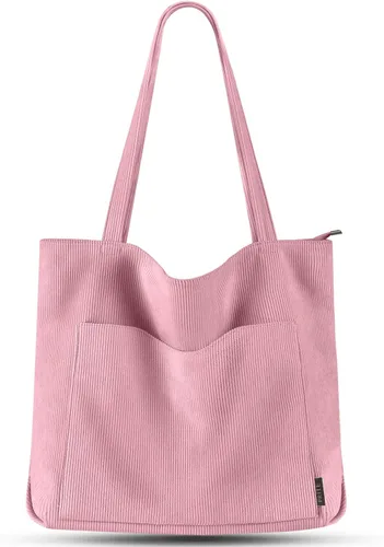 Miniatura 16 de Prite Bolsa de pana para mujer, bolsa de hombro grande con cremallera y bolsillos para la universidad, trabajo, viajes, compras