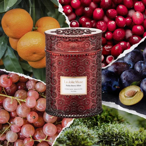 Miniatura 2 de La Jolie Muse - Vela Ruby Berry Bliss - Mandarina, arándano, ciruela - Vela otoñal festiva de 19 oz con mecha de madera, combustión limpia, aroma