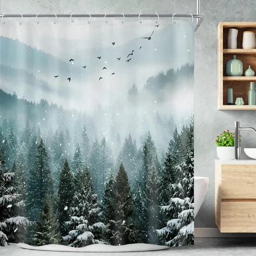Miniatura 26 de Riyidecor - Cortina de ducha para baño pequeño de montaña, 36 pulgadas de ancho x 72 pulgadas de alto, verde, para RV, temática rústica, naturaleza
