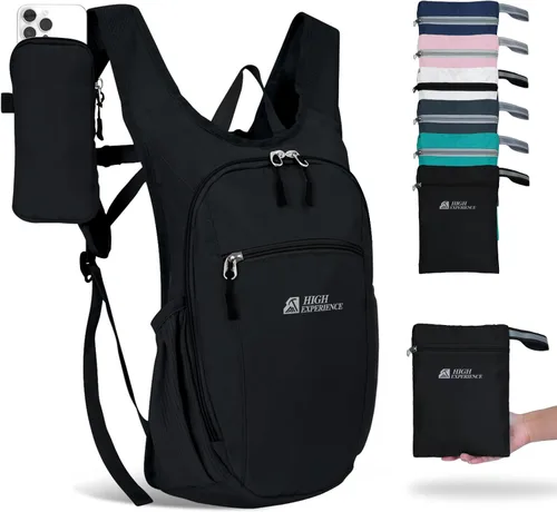 Mochila de senderismo 10L/15L, pequeña, ligera, plegable, para viajes, mochila de día, resistente al agua, para mujeres y hombres (Negro, 10L)