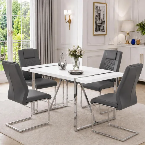 Miniatura 9 de Juego de mesa de comedor moderna de 55 pulgadas para 4, mesa de comedor negra y marco de metal dorado, mesa de comedor rectangular con 4 sillas