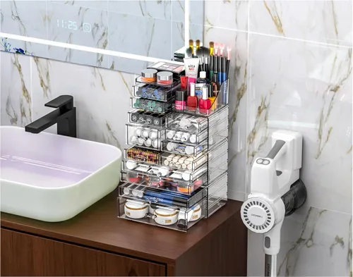 Miniatura 4 de Cq acrylic Organizadores de maquillaje transparentes para tocador, organizador de cuidado de la piel con 5 cajones para cómoda, accesorios