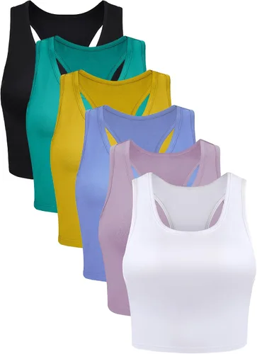 Miniatura 9 de 6 piezas de camisetas básicas sin mangas con espalda cruzada deportivas, cortas, para mujeres y niñas, uso diario