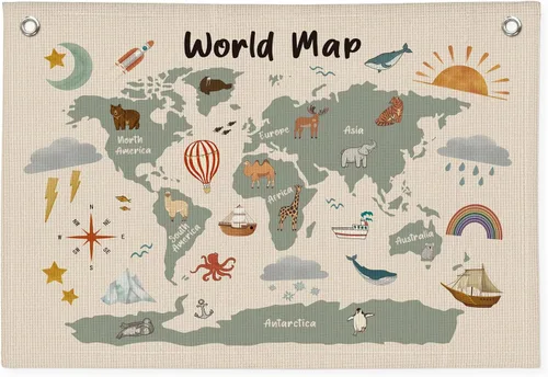 Miniatura 12 de Wheatwin Decoración de sala de juegos, pancarta de mapa del mundo para niños, mapas del mundo para pared, mapa del mundo, lindo tapiz de animales
