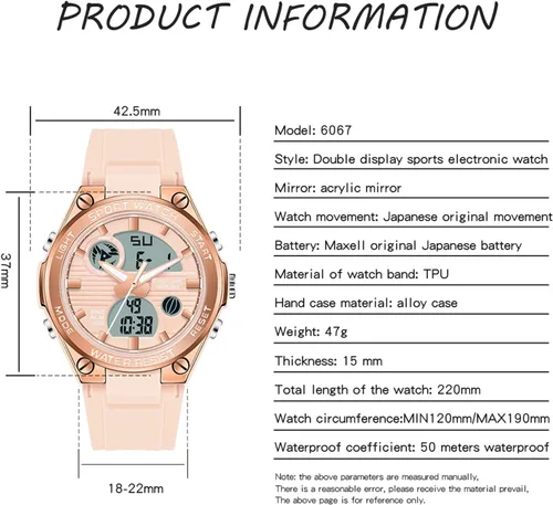 Miniatura 7 de Relojes de pulsera para mujer, digital, 5 bares, impermeables, con retroiluminación LED, correa colorida, alarma analógica