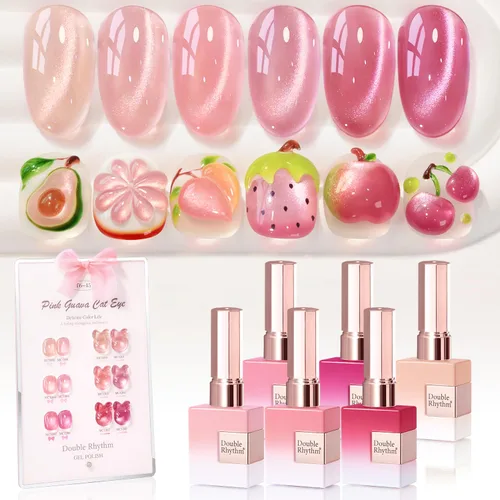 Miniatura 23 de Double Rhythm - Juego de esmalte de uñas de gel ojo de gato de 6 unidades, mismo color, misma botella, 14.8 ml, brillo con glitter, con imán