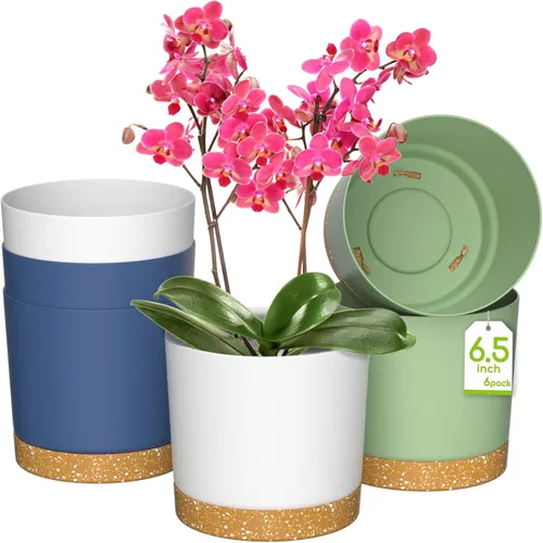 Miniatura 13 de ZMTECH Macetas para plantas, juego de 6 macetas de plástico de riego automático de 6.5 pulgadas con orificio de drenaje y platillo, maceta