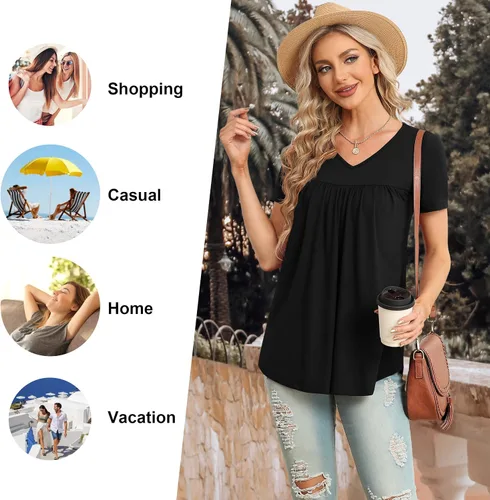 Miniatura 4 de LAOLASI Blusa de verano para mujer, cuello en V, manga corta, casual, holgada