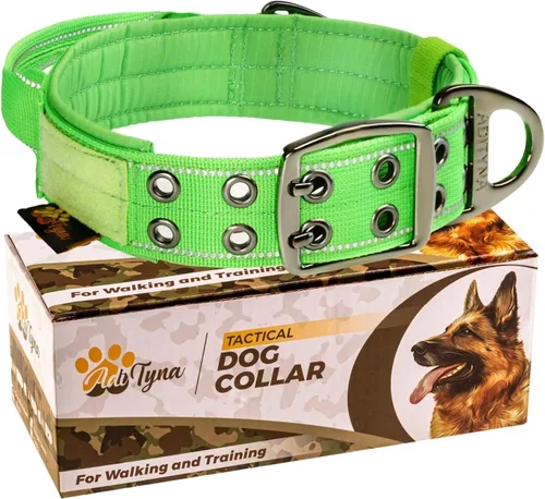 ADITYNA Collar de perro resistente para perros grandes, collar verde reflectante con asa para entrenar y caminar, ancho, grueso, táctico, acolchado