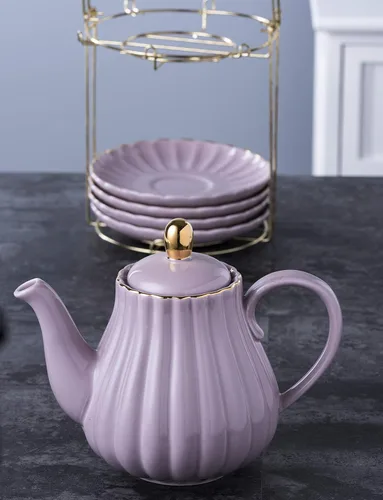 Miniatura 5 de Jusalpha Fine China Juego de Taza de Café/Taza de Té Morada de 8 OZ, Platillo, Cucharas, Tetera y Cremera, 17 Piezas (Juego FD-TW17PC, Morado)