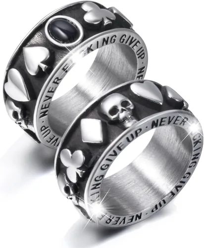 Miniatura 18 de Anillos de calavera gótica vintage para hombres y mujeres, acero inoxidable, ónix negro, anillo de póquer, anillo de esqueleto plateado