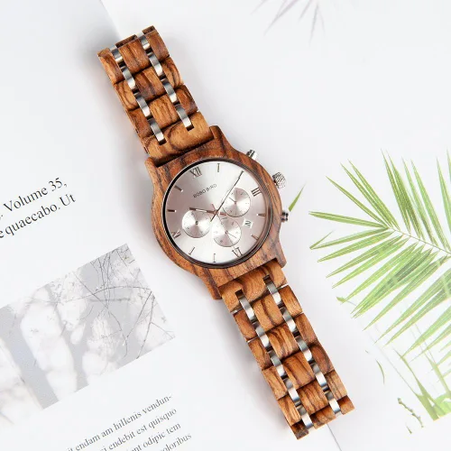 Miniatura 6 de BOBO BIRD Relojes de madera para hombre, correa de metal de madera de lujo, cronógrafo y visualización de fecha, reloj de cuarzo versátil