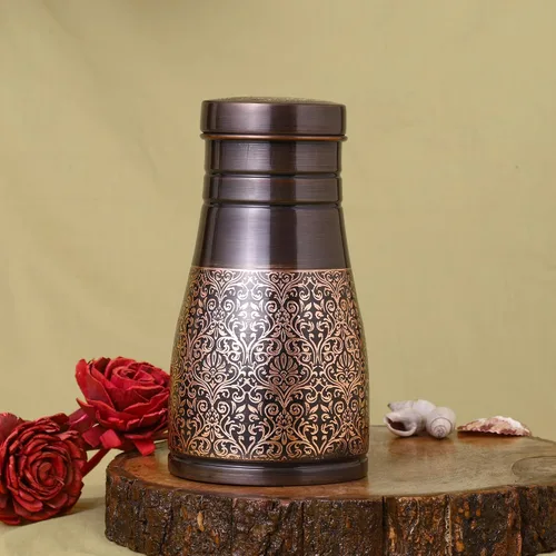 Miniatura 4 de Jarra de noche de cobre puro para beneficios de salud ayurveda, capacidad - 1 litro (33.81 onzas líquidas de EE. UU.) (patrón floral)