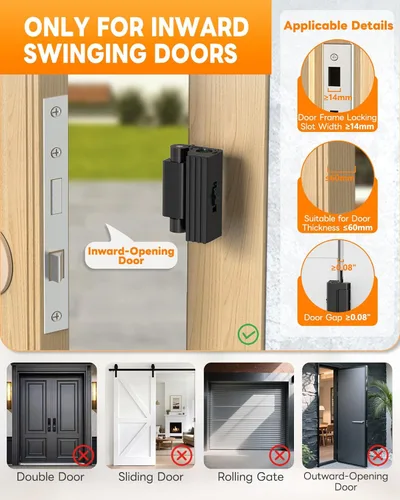 Miniatura 7 de Cerradura de Puerta Portátil para Viaje, Refuerzo de Puerta Ajustable Sin Taladrar, Pestillo de Parada Extra para Habitación de Hotel, Apartamento