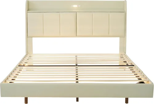 Miniatura 5 de Base de cama flotante de tamaño Queen, con luces LED de ambiente y carga USB, base de cama LED moderna tapizada de poliuretano con plataforma LED
