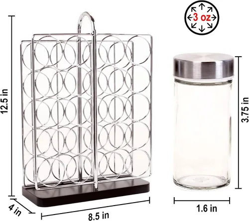 Miniatura 9 de Orii Estante de 20 tarros para especias de acero inoxidable con especias incluidas - Soporte de estante de pie y organizador de torre de estante