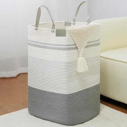 Miniatura 17 de danpinera Cesta Grande de Lavandería – Cesta de Almacenamiento Tejida de Algodón Alto de 75L con Asas de Cuero, Cesta de Ropa Sucia Esbelta, Cesta