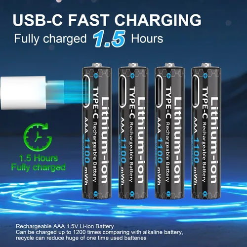Miniatura 4 de Baterías de litio AAA recargables USB de 1100 mWh (paquete de 4, 1.5 V), baterías triple A con cable tipo C, 1200 ciclos, batería AAA de larga