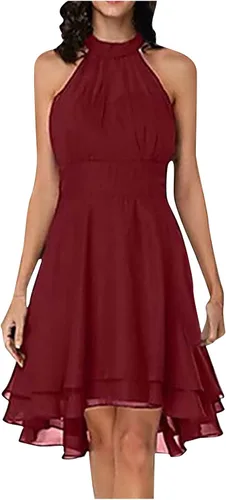 MRGIINRI Vestido de verano bohemio para mujer, vestido sexy sin mangas, cuello halter, cintura elástica, con volantes, mini vestido con vuelo,