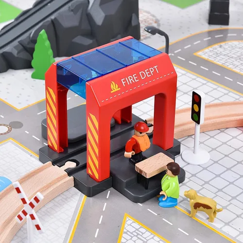Miniatura 5 de Giant bean Juego de Tren Eléctrico de Vía de Madera de Estación de Bomberos de 72 Piezas, Kits de Juguete Ferroviario Empaquetados como Regalo