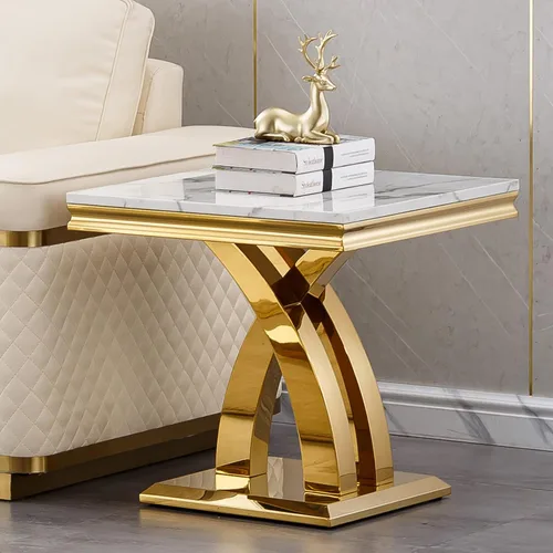 Miniatura 39 de Mesa de centro de mármol negro Henf de lujo, mesa auxiliar rectangular de mármol sintético de imitación con base de acero inoxidable dorado