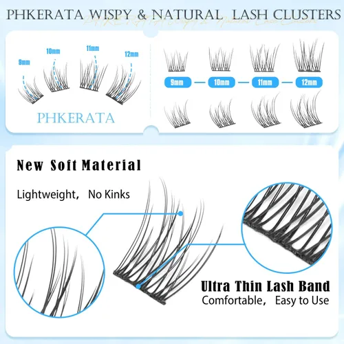 Miniatura 2 de PHKERATA Extensiones de pestañas naturales en racimo, 120 unidades, pestañas individuales, curvaturas C, 0.354-0.472 in, racimos de pestañas