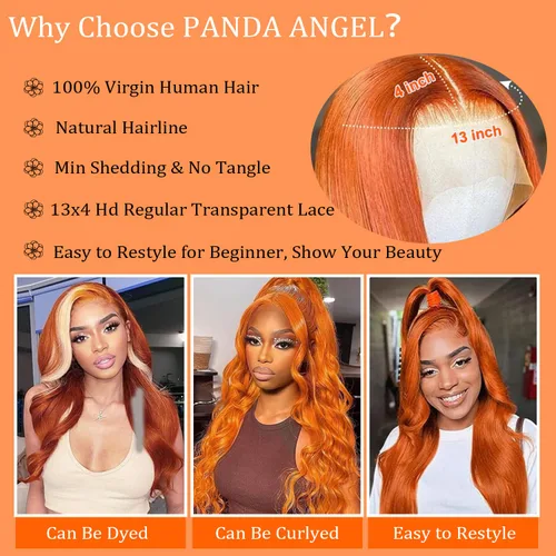 Miniatura 5 de PANDA ANGEL Peluca de encaje frontal de jengibre de cabello humano 13x4 lacio, naranja jengibre, frontal de encaje HD transparente sin pegamento