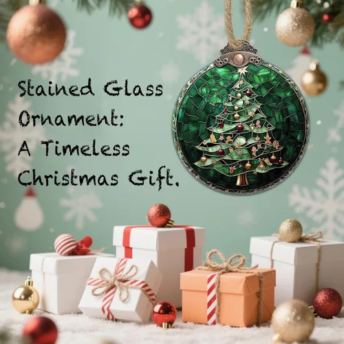 Miniatura 7 de Decoraciones navideñas de vitrales, colgante de campana pequeña para ventana, árbol de Navidad, adornos colgantes retro verde atrapasoles de Verde