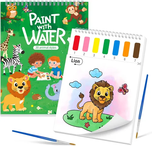 Libros para colorear con agua para niños pequeños, papeles de pintura de acuarela sin desorden con tema de animales para niños, kit de pintura de