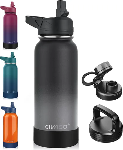Miniatura 35 de CIVAGO Botella de agua aislada de 22 onzas con pajita, frasco de agua deportiva de acero inoxidable con 3 tapas