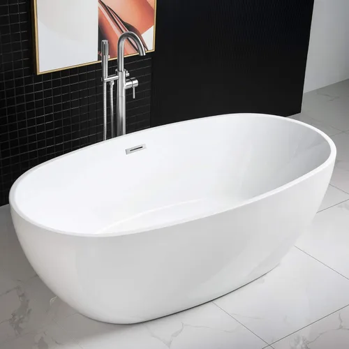 Miniatura 2 de WOODBRIDGE Bañera de acrílico independiente de 67 pulgadas, bañera blanca de remojo contemporánea con desbordamiento y drenaje cromados, B0028