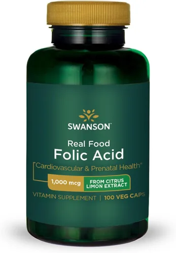 Swanson Real Food ácido fólico Folato Vitamina B-9 Cardiovascular Prenatal Salud de Citrus Limon Extracto Vegano Sin Gluten Sin OMG B9 1000 mcg 100