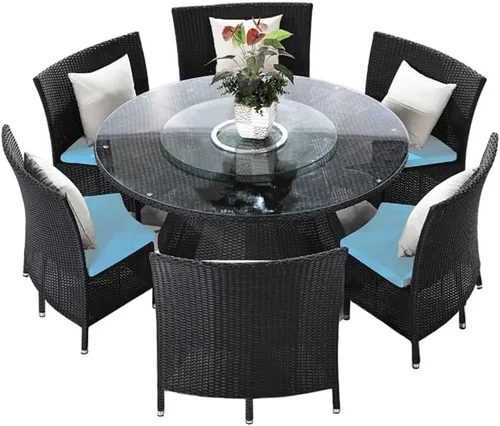 Miniatura 8 de Manhattan Comfort Nightingdale - Juego de comedor para exteriores de 7 piezas con cristal redondo Lazy Susan, incluye 6 sillas de ratán, cojines