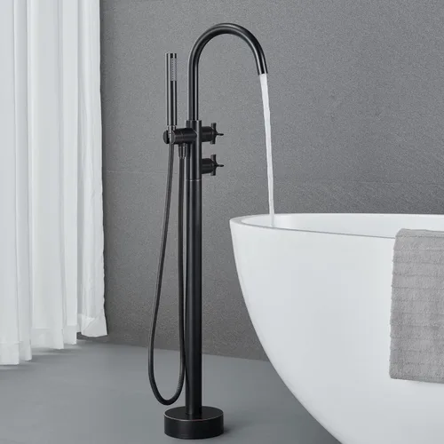 Miniatura 3 de Grifo de bañera independiente Llenador de bañera de bronce frotado con aceite Grifos de bañera de latón con ducha de mano