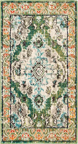 Miniatura 3 de Safavieh Tapete decorativo de 2 pies 2 pulgadas x 4 pies de la colección Monaco, verde y celeste, diseño desgastado de medallón, no desprende