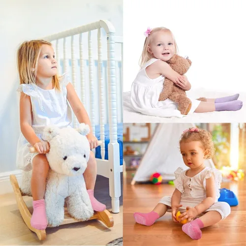 Miniatura 2 de Calcetines antideslizantes para niños, calcetines de corte medio para niños pequeños y niñas (0-7 años), 12 pares de calcetines antideslizantes