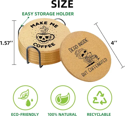 Miniatura 2 de Juego de 6 posavasos de café para bebidas con soporte, posavasos de madera de corcho absorbente para escritorio, mesa de oficina, decoración
