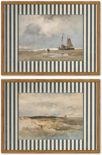 Juego de 2 pinturas náuticas rústicas enmarcadas de paisaje costero vintage, arte de pared retro a rayas azules y blancas, pinturas náuticas