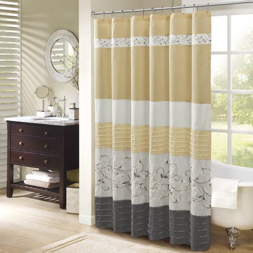 Madison Park Serene Flora - Cortina de ducha de tela, cortinas de ducha de transición bordadas para baño, 72 x 72 pulgadas, color amarillo