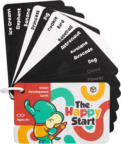 Happy Start Tarjetas de Bebé de Alto Contraste para Recién Nacidos - Tarjetas en Blanco y Negro, Resistentes al Agua, Sin BPA, Tarjetas Educativas