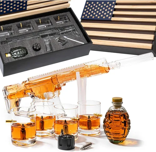 AR15 Juego de decantador de pistola de whisky – Juego de 33.8 fl oz – Caja de regalo de bandera estadounidense y vasos de bala, enfriadores,