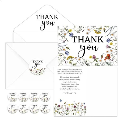Miniatura 9 de Fumete Juego de 50 tarjetas de agradecimiento funerarias con sobres y calcomanías, tarjetas de agradecimiento de condolencias con mensaje